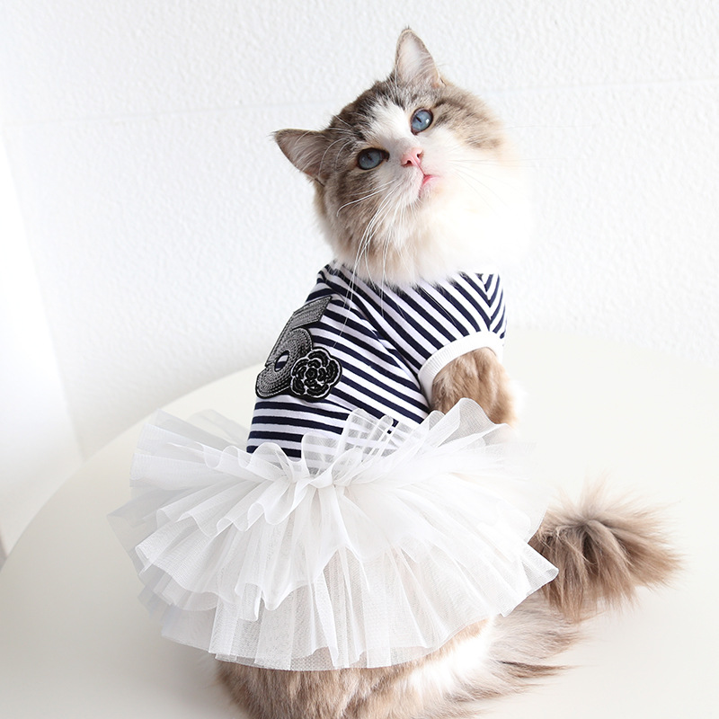 Pet Costume Dress Nautical Striped Top with Tulle Skirt for Dogs And Cats